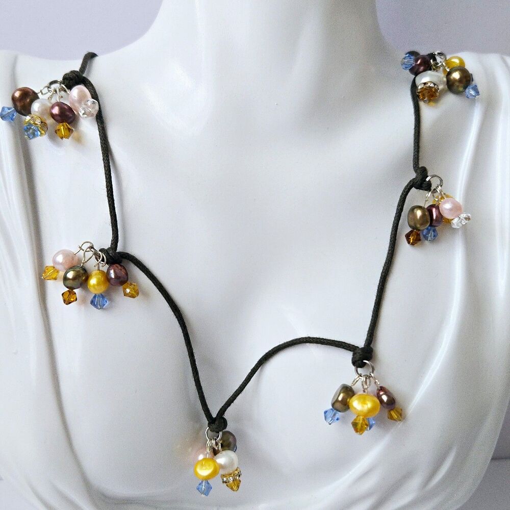 Rainbow Freshwater Pearl Cluster Charm Necklace Bead Brown Cord 22" Boho Unique